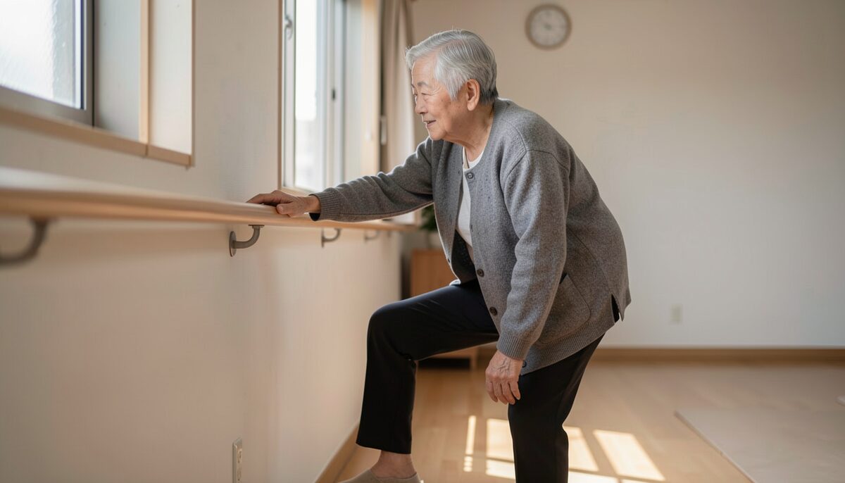 高齢者が壁の手すりに軽く触れながら片足立ちの練習をしている室内