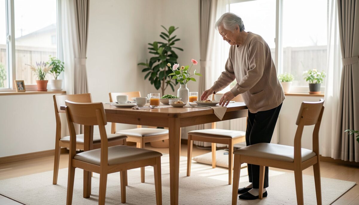 高齢者が食卓の椅子から両手を使ってゆっくり立ち上がる練習をしている居間