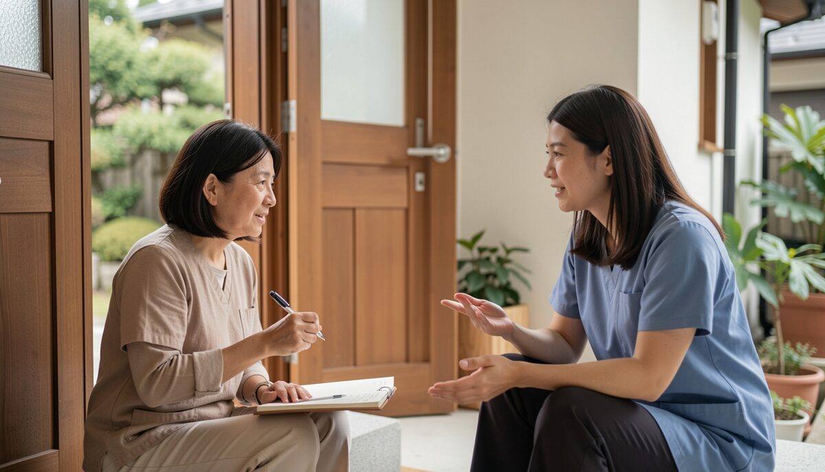 介護者がノートに気づきを書き留め、訪問リハビリ担当者と話している玄関先