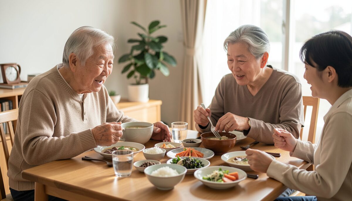 高齢者が食卓でスープを飲み、家族が隣で見守りながら声をかけている場面